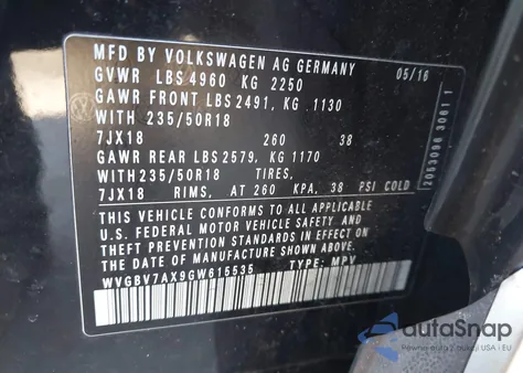 2016 Volkswagen Tiguan Se из США, поврежденный, VIN WVGBV7AX9GW615535